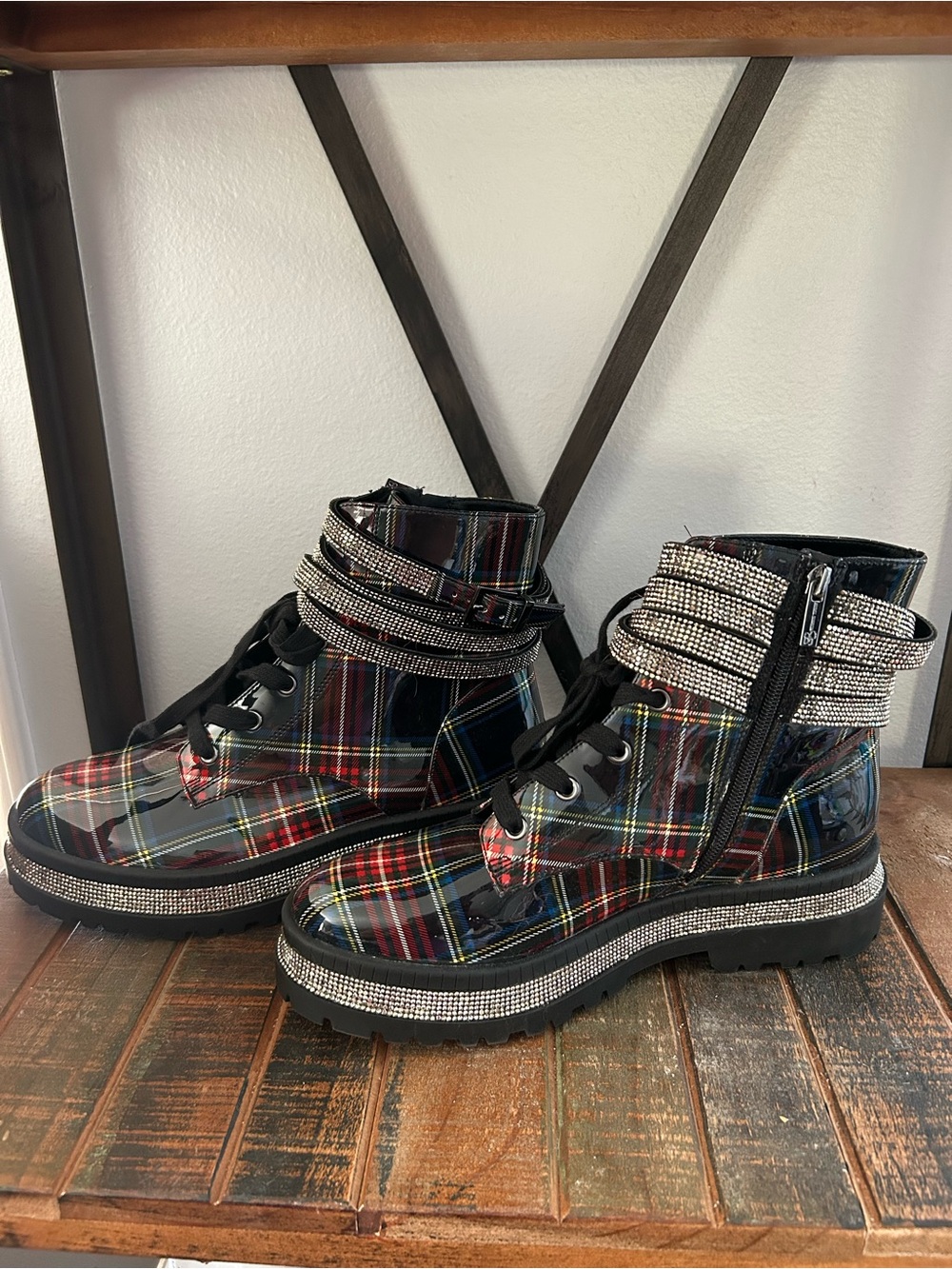 Jessica Simpson Embrina Red Plaid Boots Patent Finish And Rhinestones Size 9 New